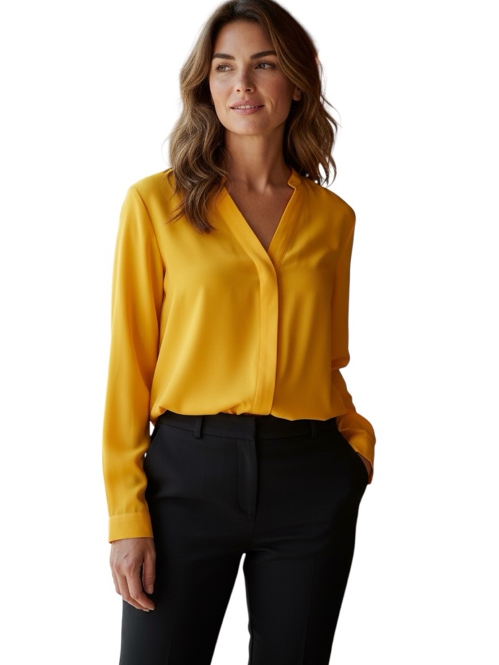 Violet + Claire Bright Vibrant Sheer Yellow V-Neck Long Sleeve Blouse